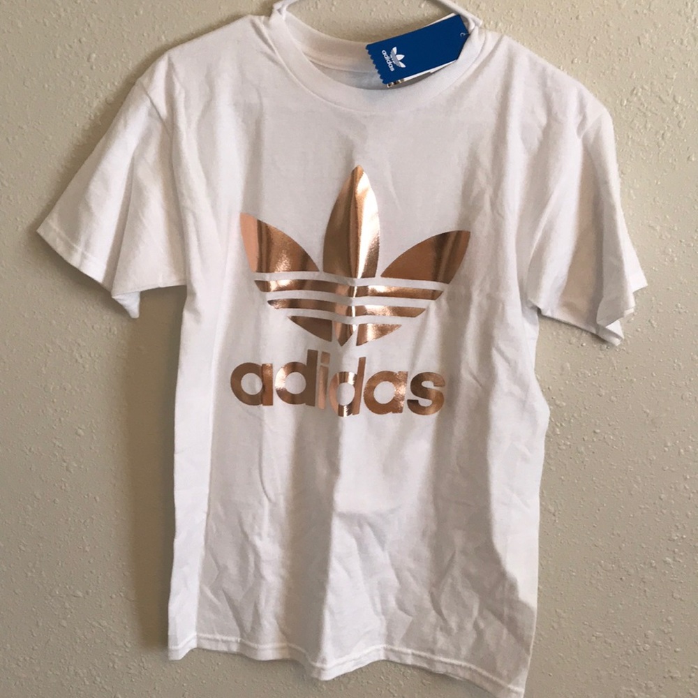 Rose gold foiled Adidas white t shirt NWT